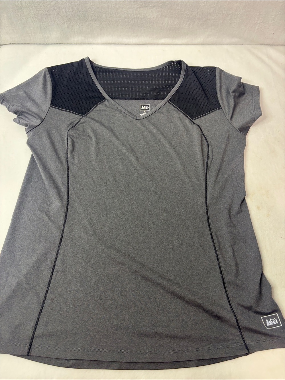 REI Women's Gray Short Sleeve Active Top with Black Mesh Yoke
